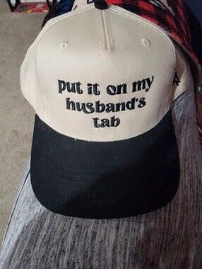 Unbranded Two-Tone 'Put It On My Husband's Tab' Baseball Cap - Cream & Black